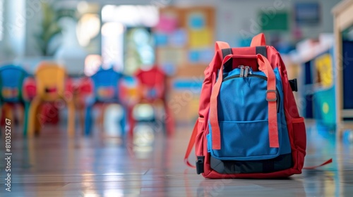 school bag in a classroom with out of focus background