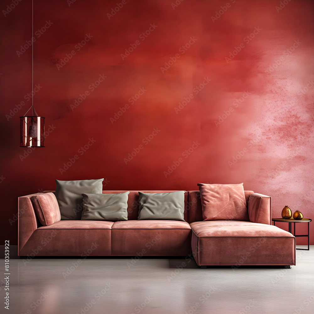 modern living room features a red modular corner sofa against a blank brown stucco wall, creating a cozy and inviting space. modern living room features a red modular corner sofa against a blank brown stucco wall, creating a cozy and inviting space.