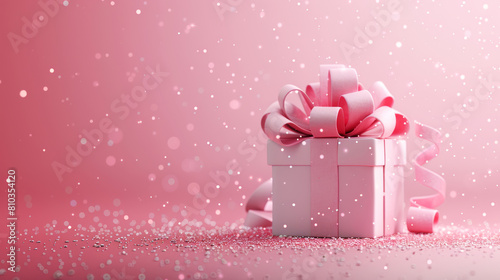 Gift box on a pastel pink background with copy space. Merry Christmas banner, Happe New Year. Valentines Day photo