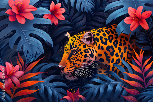 Exotic Wildlife Jungle Art. Colorful Jungle, leaf and Animals such as tiger, macaw, parrot, bird, giraffe, panda, bear.