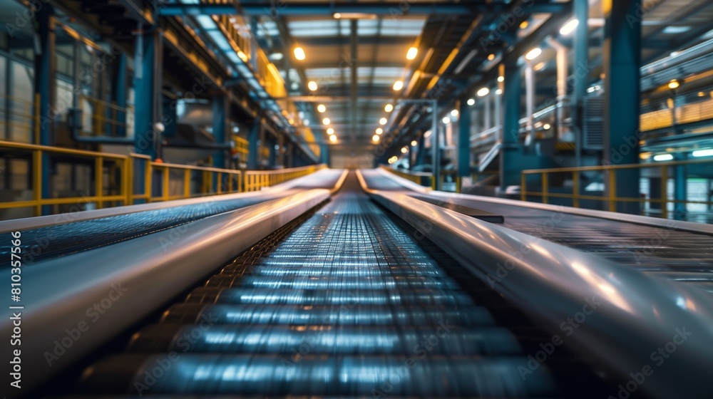 Craft an image that showcases the relentless motion of a conveyor belt in a factory, portraying the gritty reality of manufacturing Craft an image that showcases the relentless motion of a conveyor belt in a factory, portraying the gritty reality of manufacturing