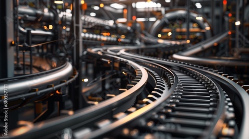 Create a detailed rendering of a conveyor belt amidst a labyrinth of industrial machinery, highlighting the convergence of automation and precision engineering 