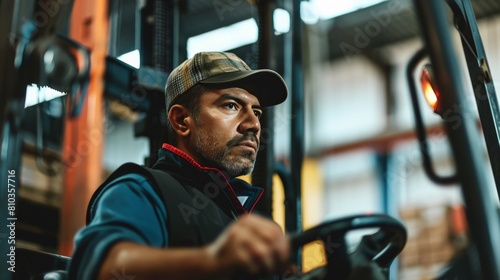 A close-up of a worker's face. The worker is operating a forklift. The worker is focused on the task at hand. photo