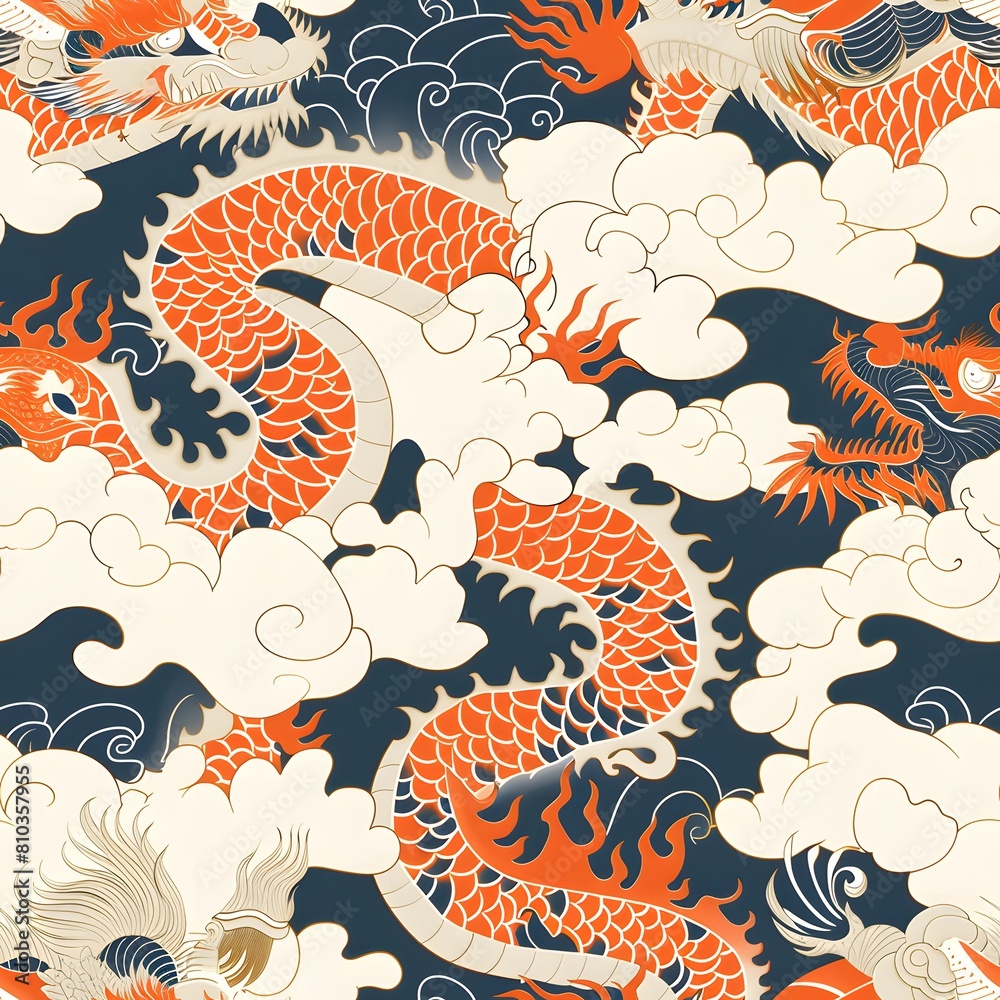 seamless pattern of Japanese ukiyo-e hand drawing illustration of ancient fire dragon soaring above rolling clouds for fabric design, art print, textiles, wallpaper, and more seamless pattern of Japanese ukiyo-e hand drawing illustration of ancient fire dragon soaring above rolling clouds for fabric design, art print, textiles, wallpaper, and more