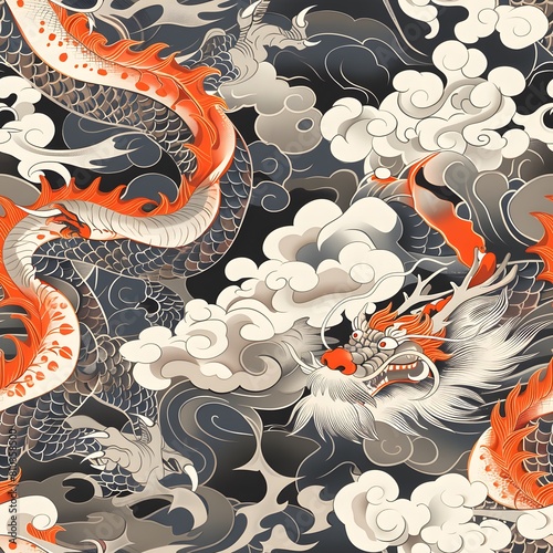 seamless pattern of Japanese ukiyo-e hand drawing illustration of ancient fire dragon soaring above rolling clouds for fabric design, art print, textiles, wallpaper, and more