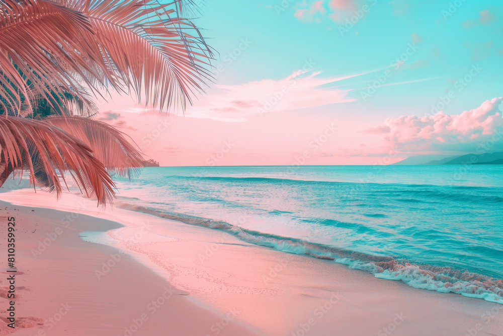 Beautiful sandy beach with palm trees and turquoise water at sunset, pink sky. View from the shore to sea landscape, caribbean background.