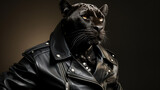 Envision a sleek panther in a leather biker jacket, adorned with studs and chains