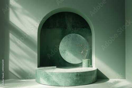 Green marble product background stand or podium pedestal on advertising display with minimalist background
