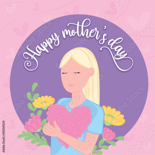 Cute girl character holding a heart Happy mother day Vector illustration