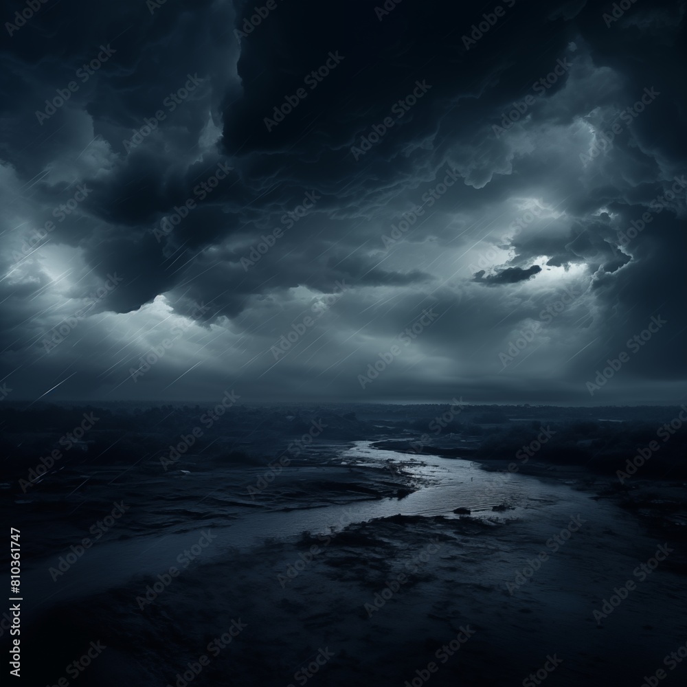 A Dramatic Monochromatic View of a Stormy Night over a Serene River