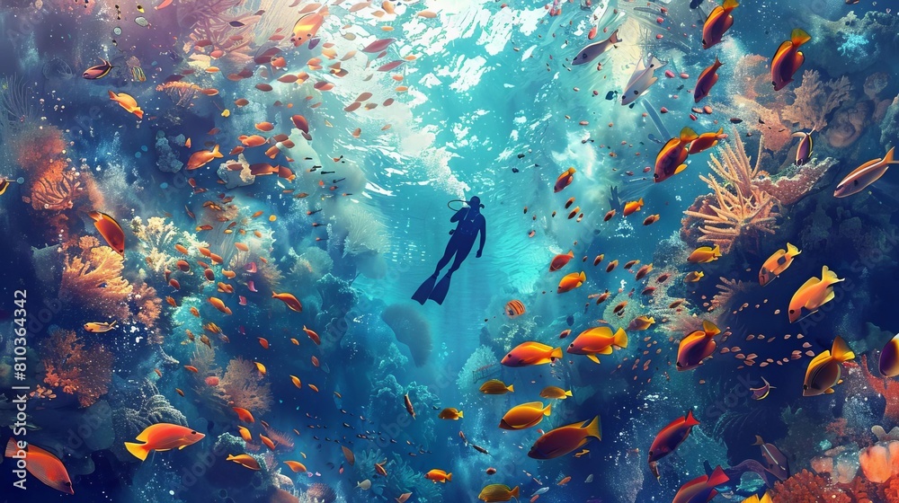 Illustrate a top-down perspective of a snorkeler swimming amidst a school of exotic fish Illustrate a top-down perspective of a snorkeler swimming amidst a school of exotic fish