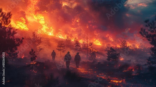 Illustrate a surreal long shot scene of firefighters strategically combating a raging fire in a fantastical landscape photo