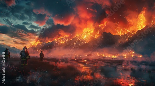 Illustrate a surreal long shot scene of firefighters strategically combating a raging fire in a fantastical landscape photo