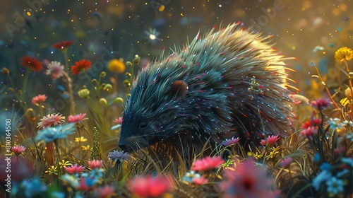 Illustrate a whimsical porcupine seen from above