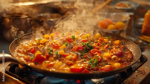 Illustrate a wide-angle view of a sizzling Balti Curry pan photo