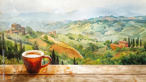 Illustrate an espresso cup perched on a wooden table against a panoramic backdrop of a serene Italian countryside Utilize watercolors to blend earthy tones seamlessly photo