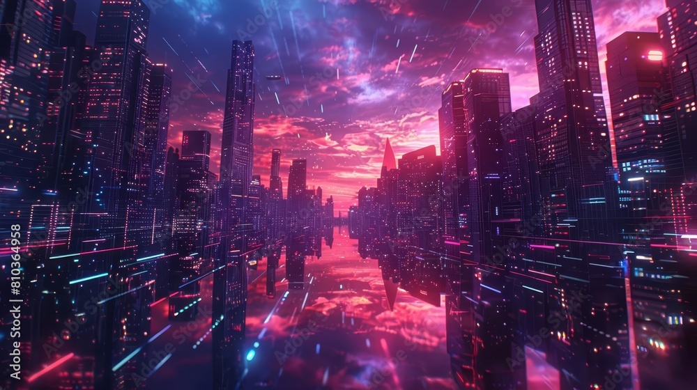 Fototapeta premium Travel through a futuristic cityscape at dusk on a panoramic view journey Visualize soaring skyscrapers under a neon-lit sky