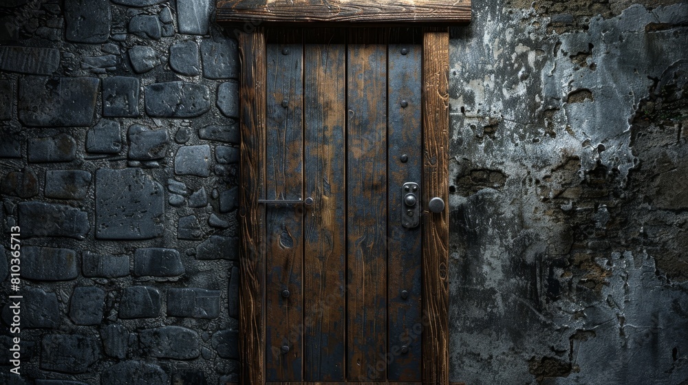 Rustic wooden door in a dungeon wall, close-up illustration capturing the nightmare concept, set in a mystical, dark atmosphere