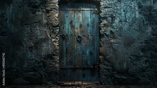 Rustic wooden door in a dungeon wall, close-up illustration capturing the nightmare concept, set in a mystical, dark atmosphere