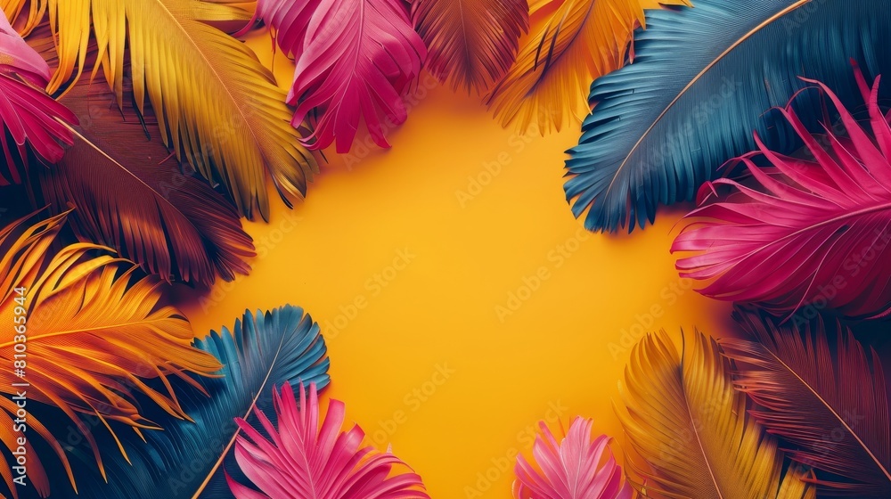 Realistic summer fashion sale ad framed by exotic bird feathers, vibrant colors highlighting stylish copy space, perfectly isolated