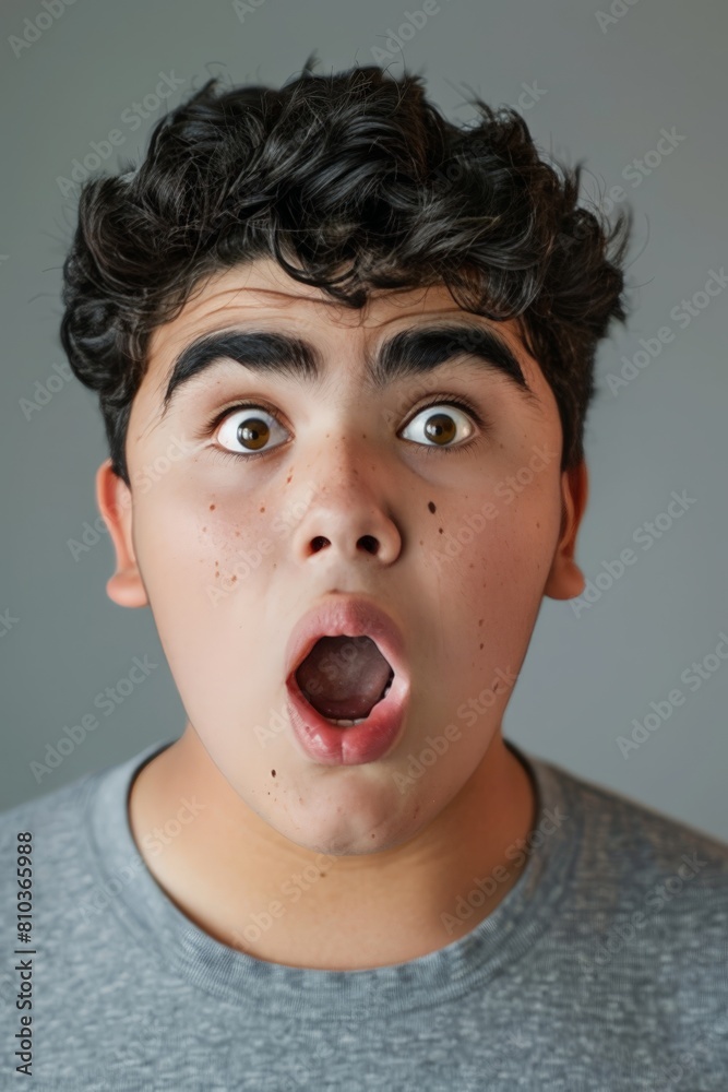A portrait of a teenager with a surprised expression. His eyebrows are raised and his mouth is open. He is shocked and amazed. A portrait of a teenager with a surprised expression. His eyebrows are raised and his mouth is open. He is shocked and amazed.