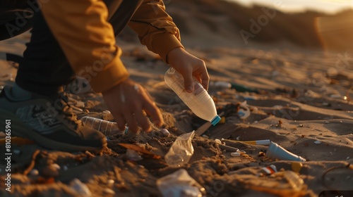 close up the volunteer stooping to pick up a plastic bottle from the sand, with other litter scattered around, underlining the urgent need for beach conservation efforts photo