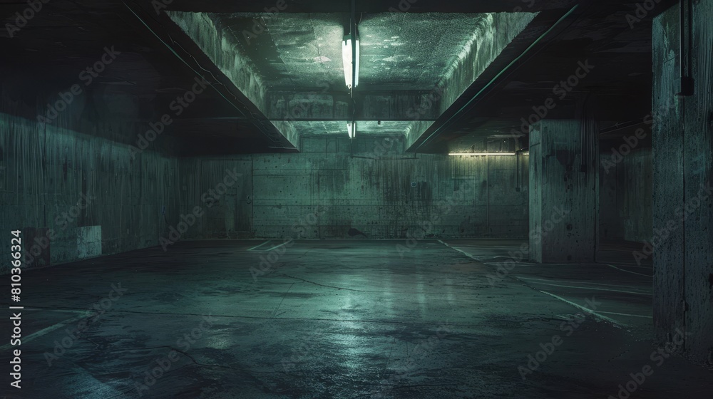 Old-school parking garage, dimly lit and decaying, close-up captures its eerie dungeon atmosphere with a mystical nightmare touch
