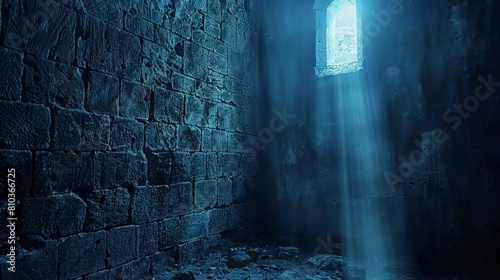 Mysterious close-up shot of an ancient castle dungeon  where a single light beam illuminates the stone architecture and adds depth