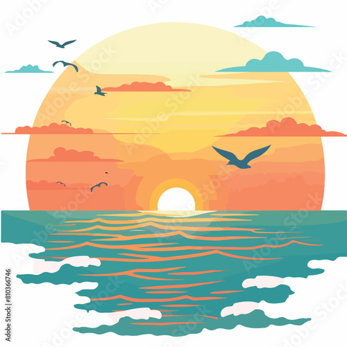 Sunrise with sea in cartoon  doodle style. Image for t-shirt  web  mobile apps and ui. Isolated 2d vector illustration in logo  icon  sketch style  Eps 10. AI Generative