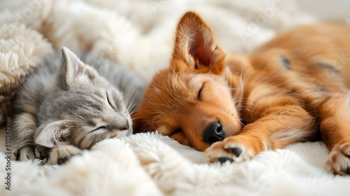 Cute kitten sleeps under ear of a English Cocker spaniel puppy. Pets sleep together under white warm blanket on a bed at home.