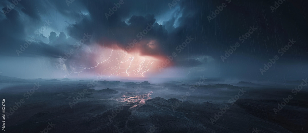 A dramatic thunderstorm with lightning and rain over an open landscape, creating dynamic lighting effects. dark atmosphere