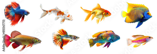 Set of Various types of beautiful fish  Betta fish  Arowana fish  koi fish  Goldfish  Guppy fish  Candy Basslet fish  Angelfish  Parrotfish  isolated on white background  png