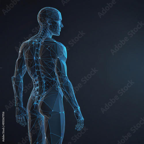 AI generative of human body digital abstract. Wireframe silhouette of polygon. Body anatomy blue lines on dark background. Futuristic style man model 3d illustration. Set 2