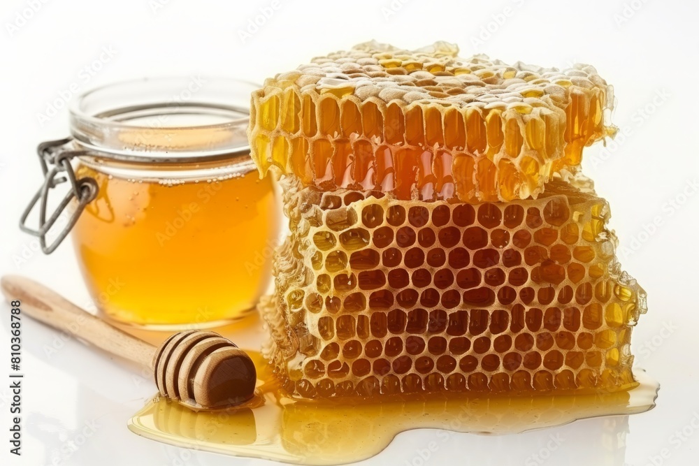 a jar of honey and a honeycomb next to it on a white background. Isolate a jar of honey and a honeycomb next to it on a white background. Isolate
