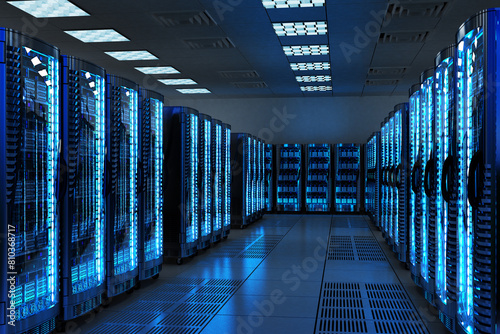 Modern data center with glowing servers photo