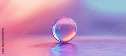 A Reflective, Translucent Sphere Sits on a Smooth Surface, Set Against a Gradient Background Transitioning From Soft Pink to Light Blue