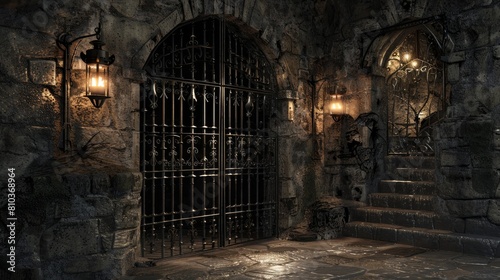 Detailed 3D rendering of a medieval dungeon with heavy stone walls  intricate iron gates  and flickering torches