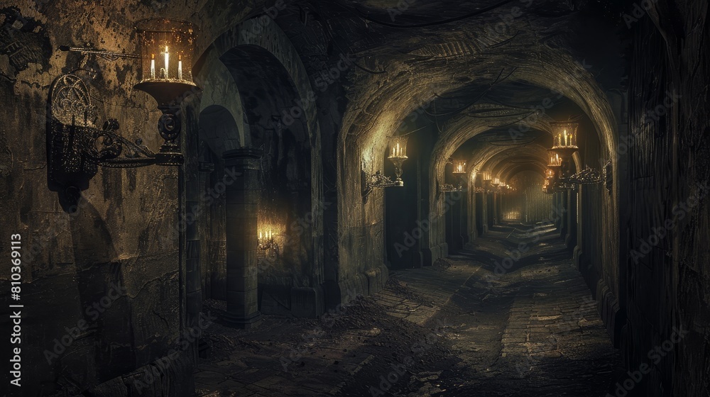 Dark, torch-lit medieval catacombs, shadows and grim stone corridors stretching endlessly, conjuring a nightmarish atmosphere