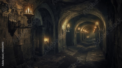 Dark  torch-lit medieval catacombs  shadows and grim stone corridors stretching endlessly  conjuring a nightmarish atmosphere