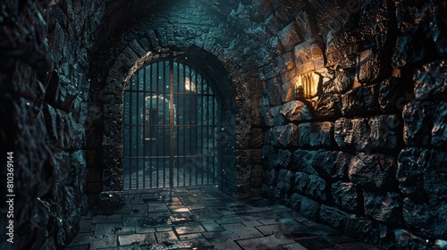 Detailed 3D close-up of a medieval dungeon s rugged stone arches and barred gates  illuminated by eerie torchlight