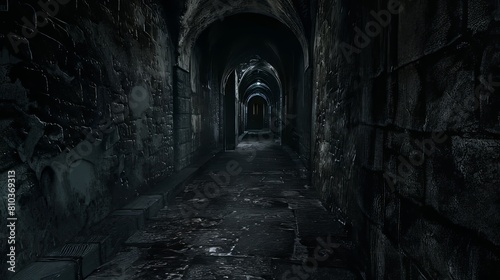 Dark and mysterious footpath through dungeon-like corridors  hinting at a nightmarish journey  mystical school concept