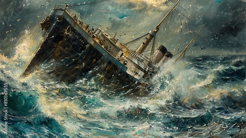 Close view of a ship sinking at sea, water cascading over its sides as the ocean claims the vessel, evoking urgency photo
