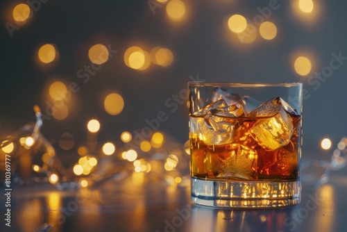 Whiskey with ice cubes in glass on background of lights.