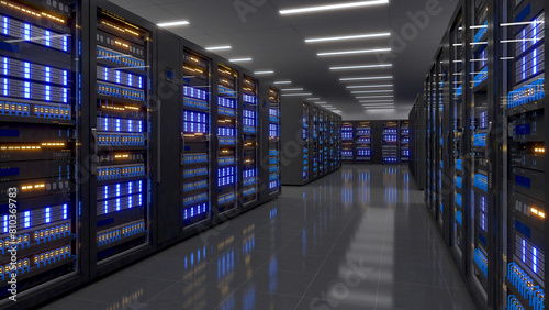 Modern data center hallway with server racks