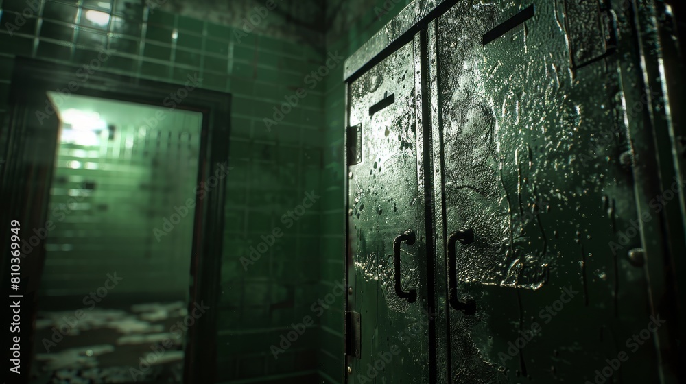 Naklejka premium Close-up, unsettling shot of a locker in a school dungeon, creating a nightmarish feel through intricate shadows and eerie lighting