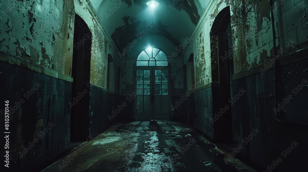 Close-up shot of a school hall transformed into a dark, dungeon-like space, eerie shadows and twisted hallways for a mystical nightmare
