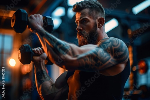 Muscular male athlete with tattooed naked torso standing in dark gym and doing dumbbell curls during workout photo