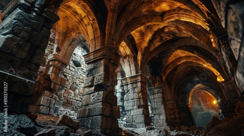 Close-up of ornate stone walls and archways in a fantasy medieval dungeon, showcasing ancient construction details, torchlit