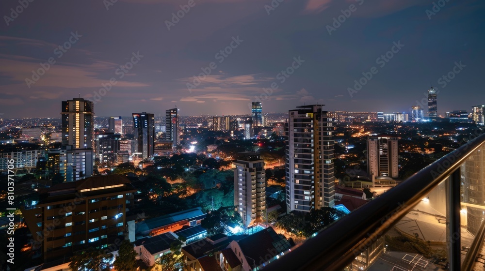 A view of the apartment from the balcony. The balcony overlooks a city skyline. The city skyline is lit up at night, and it is a beautiful sight.