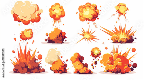 Cartoon explosions. Comic explosive detonation, game bomb blast, explose animation, explode cloud effects, crash atomic explosions. Vector set 3D avatars set vector icon, white background, black colou